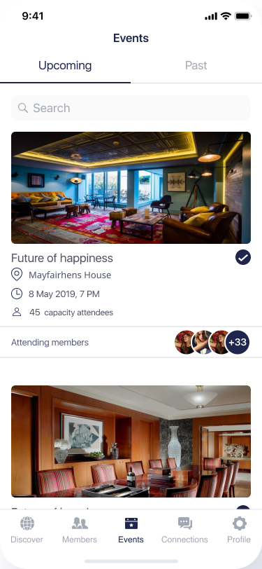 Quorum events feed showing upcoming private community events