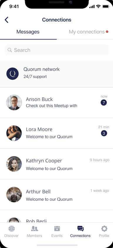 Quorum connections and messaging screen