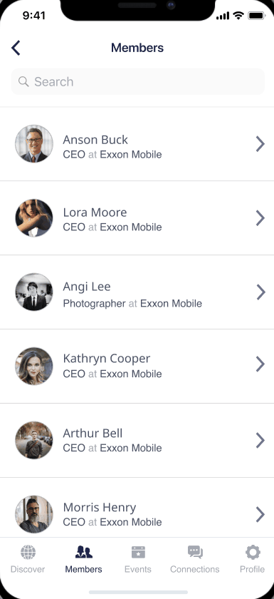 Quorum member directory screen with searchable member profiles
